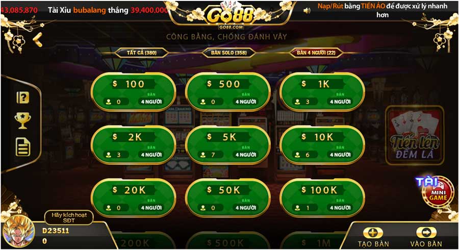 Giao diện sảnh game bài Go88